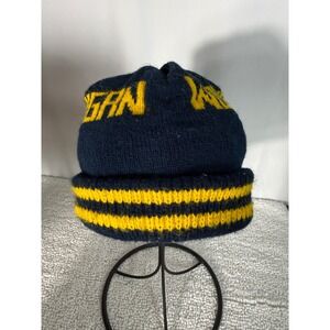 Vintage Michigan Wolverines Knit Beanie Hat Navy Blue Yellow Striped Winter